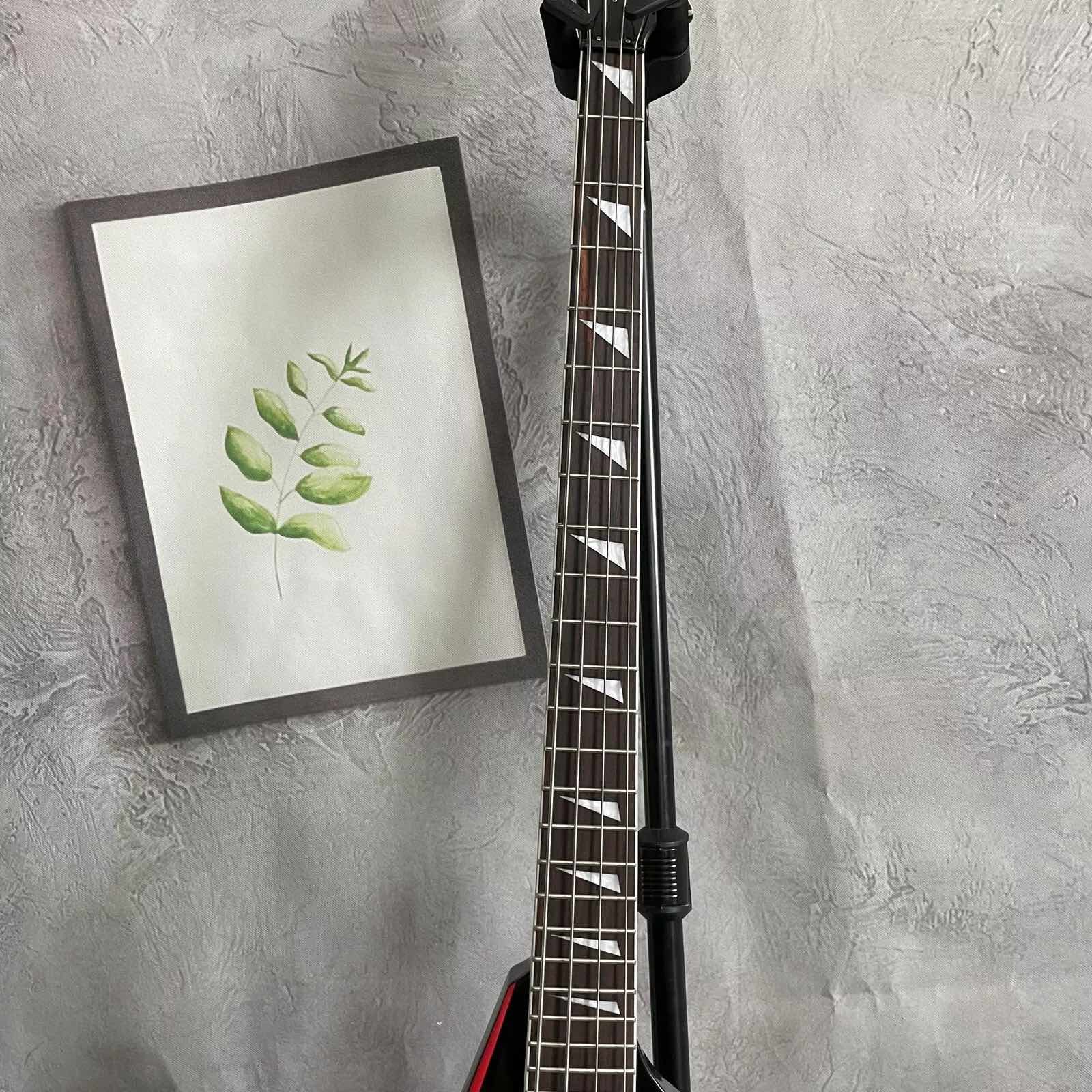 Custom 4 Strings V Shape Black Body Electric Bass Guitar Rosewood Fretboard