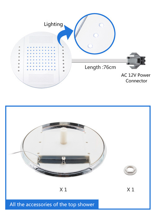 Easy Clean Overhead Rainfall Shower Head Big Water Output With 12V Led Lighting