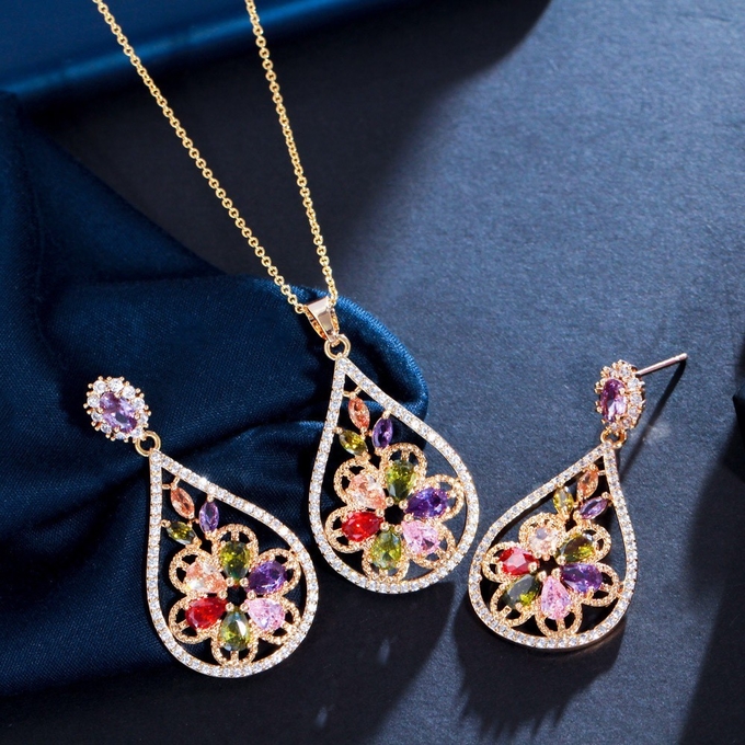 Women CZ zircon pendant necklace earrings ring copper jewelry set CZ Crystal Necklace and Earring Sets
