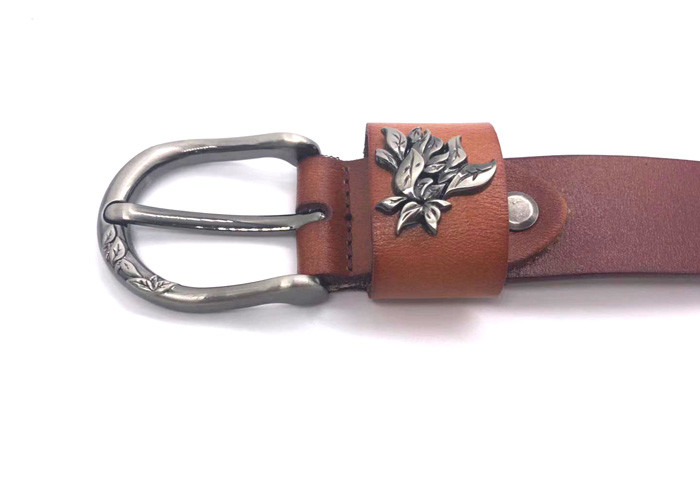 Durable Women's Genuine Leather Belts With Single Prong Alloy Buckle 1”( 2.2CM ) Wide Tan / Blue Color