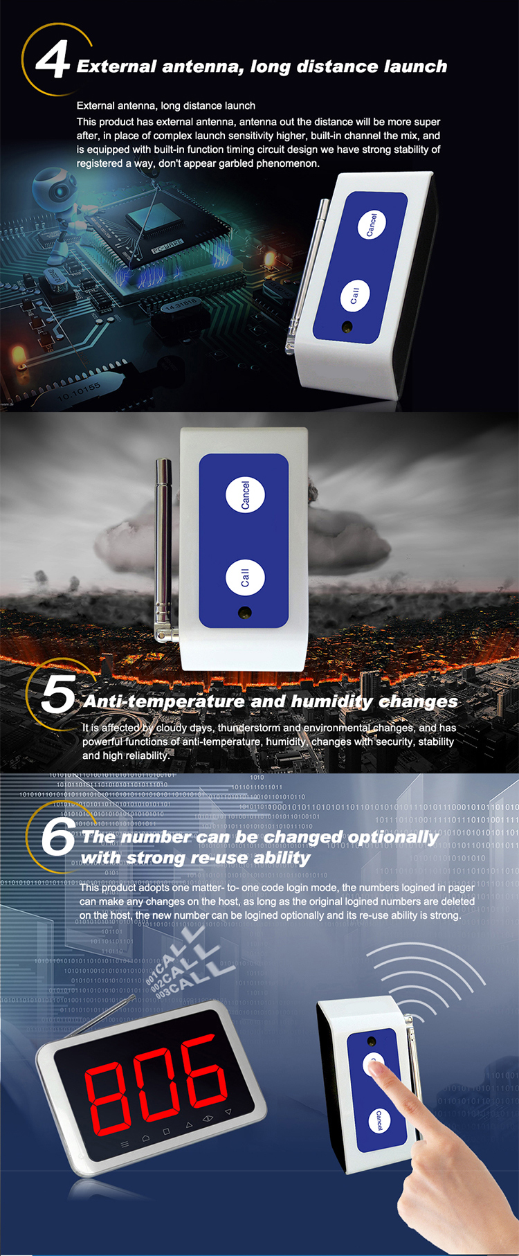 Wireless super signal transmitting distance waterproof two keys push call button for hotel