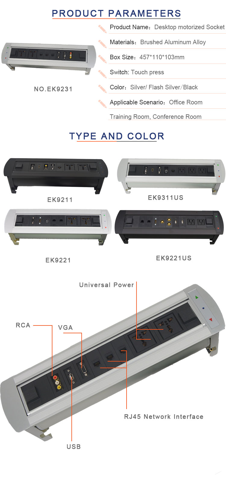 BNT Tabletop Hidden Outlet With Selectable Connector for Office Room EK9231