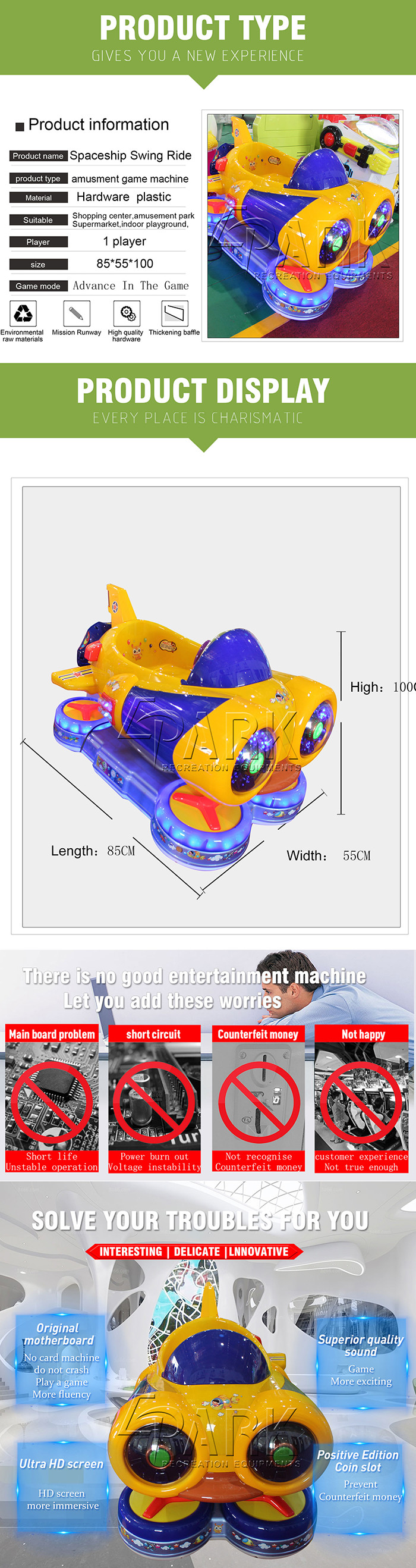 Hardware Material Spaceship Swing Kiddy Ride Machine Coin Operated 85*55*100