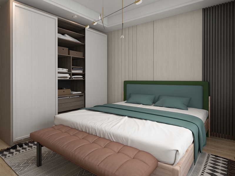 Contemporary Bedroom Walk-in Wardrobe with Custom Wooden Design and MR HDF Board