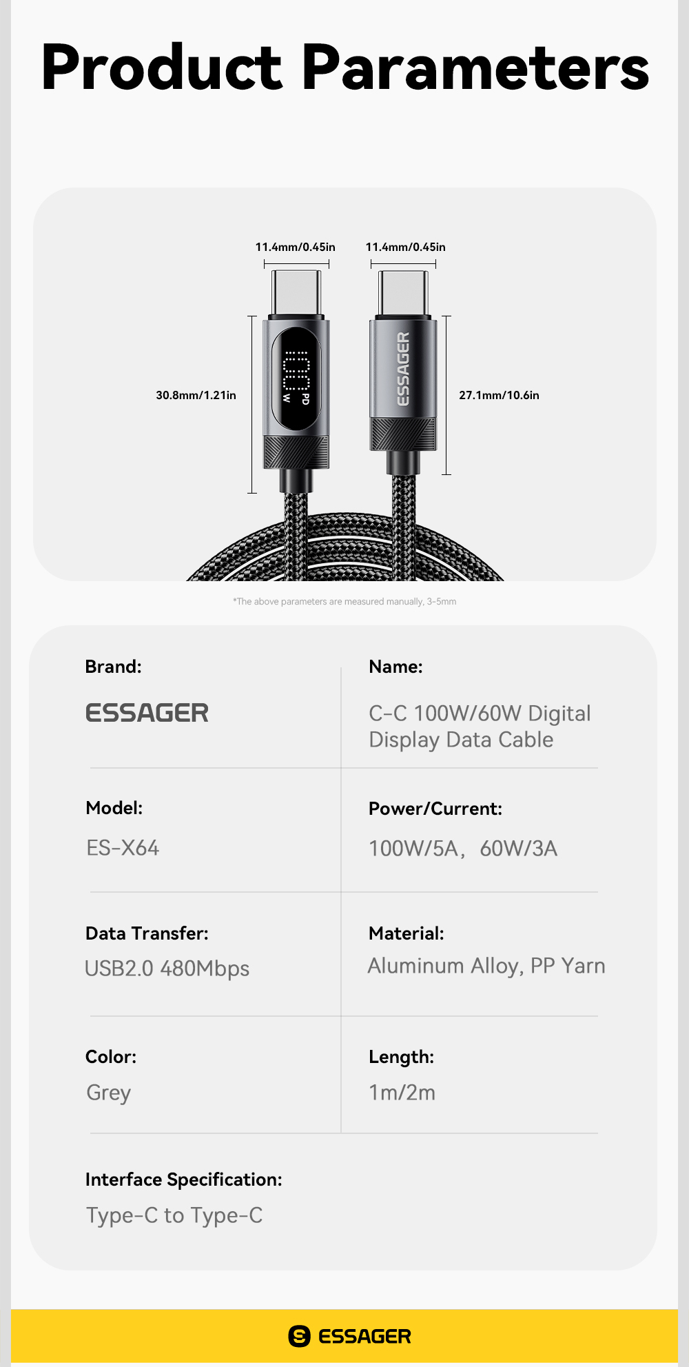 ESSAGER ES-X64 Series 60W 100W LED Display USB Type C Charging Cable