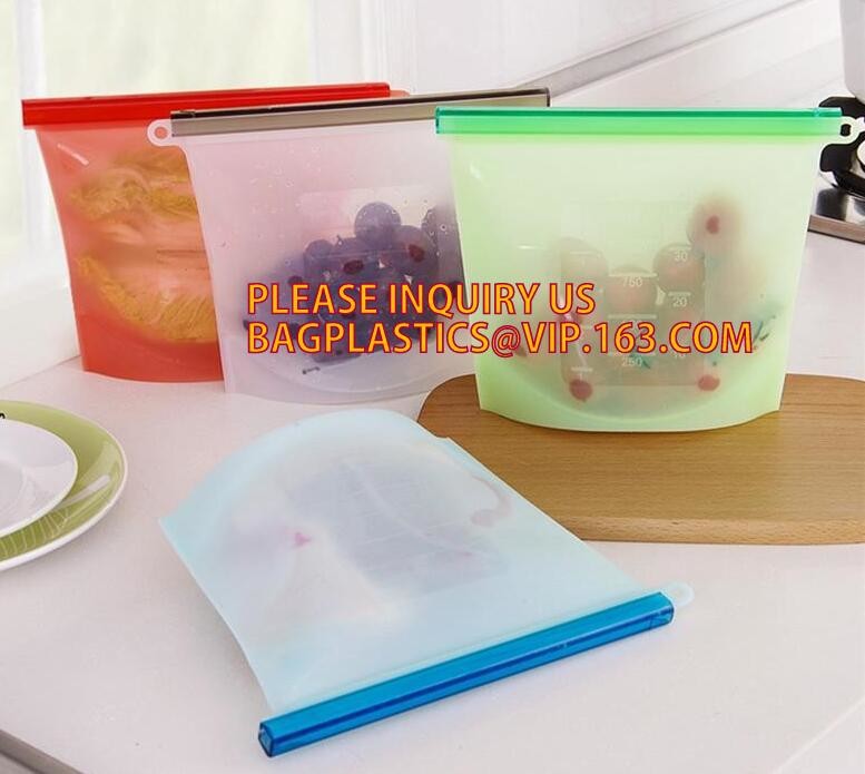 Storage preservation reusable silicone food bag,FDA reusable silicone storage food bag with Zip lockk in microwave bagease