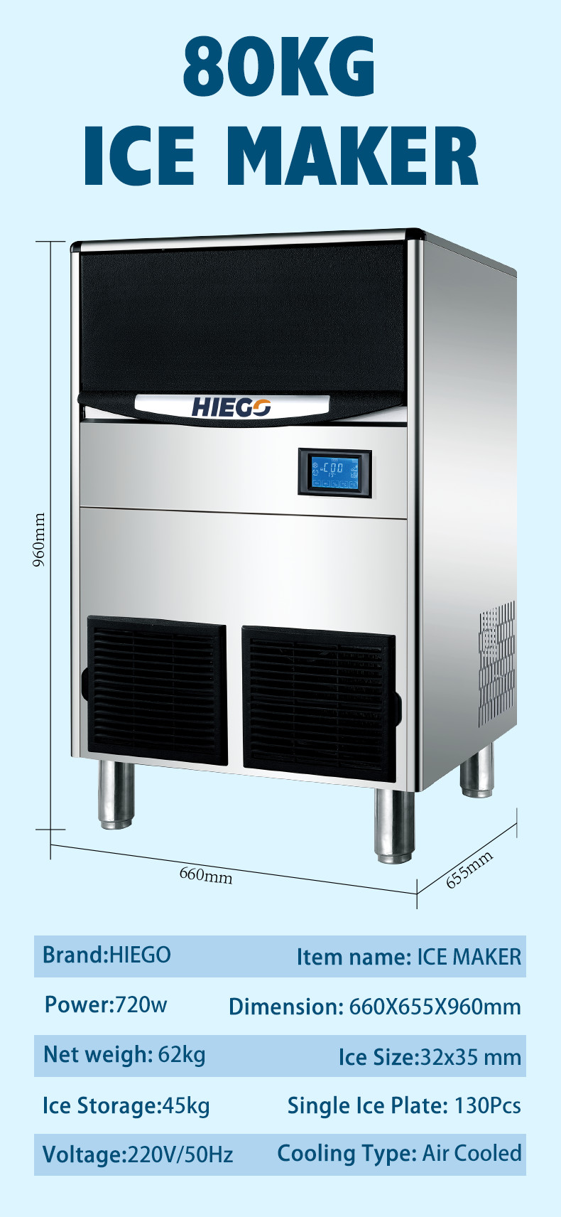 80kg/24hr Crescent Ice Maker Air Cooling Portable 80kg Industrial Ice Machine