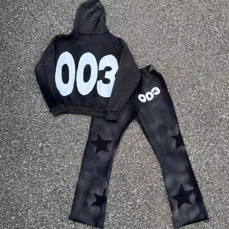 1000 Quantity 100% Cotton Acid Wash Distressed Embroidered Patch Applique Hoodie and Jogger Set for Men