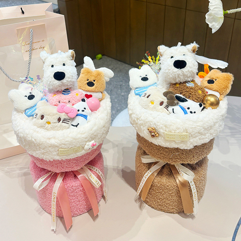 West Highland White Terrier Dog Plush Doll Bouquet Sloppy Puppy Bouquet Birthday Gift for Girlfriend and Best Friend Wholesale from Flower Market