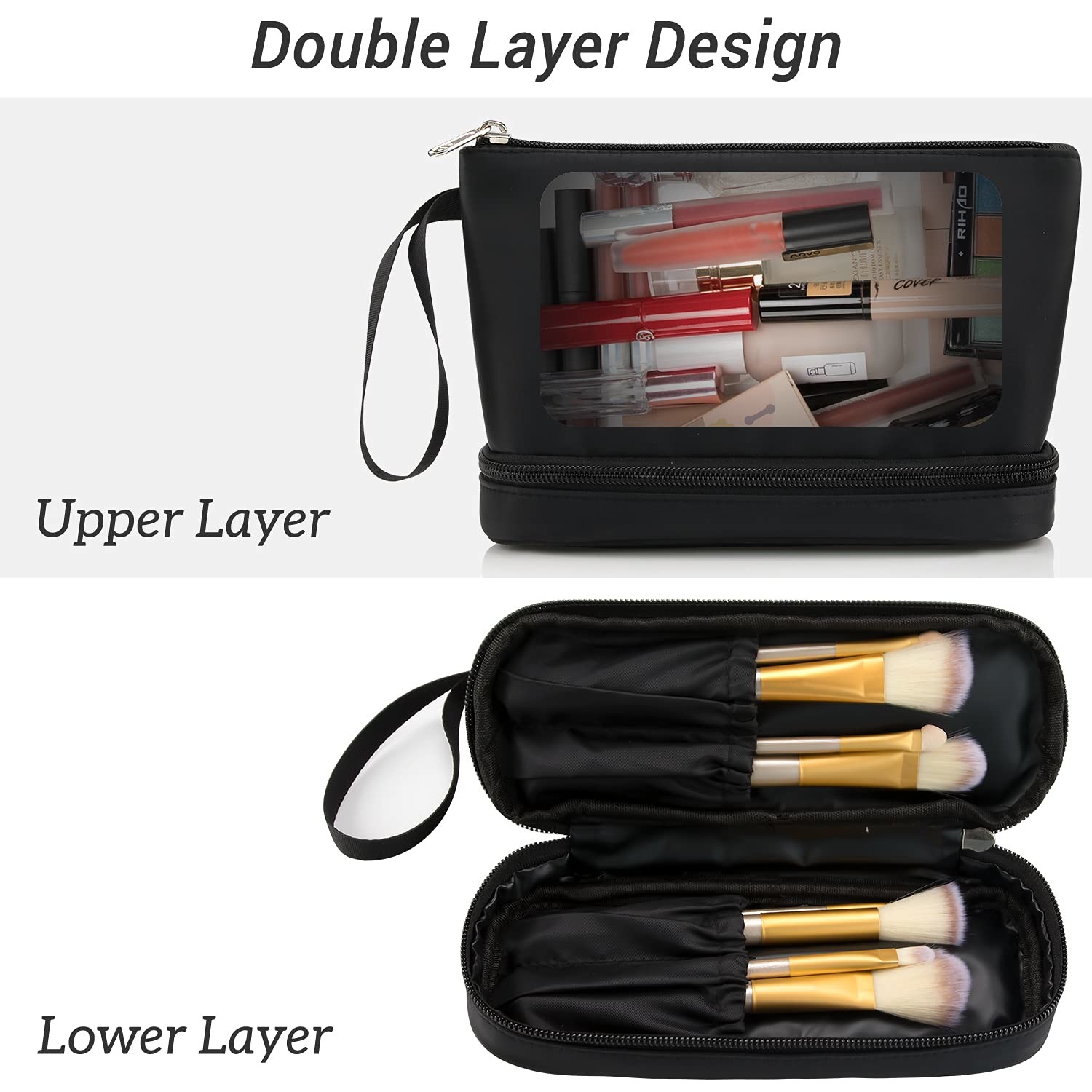 Fashion Black Waterproof Two Layer Cosmetic Pouch Ladies Carry On Clutch Makeup Bag With Brush Organize