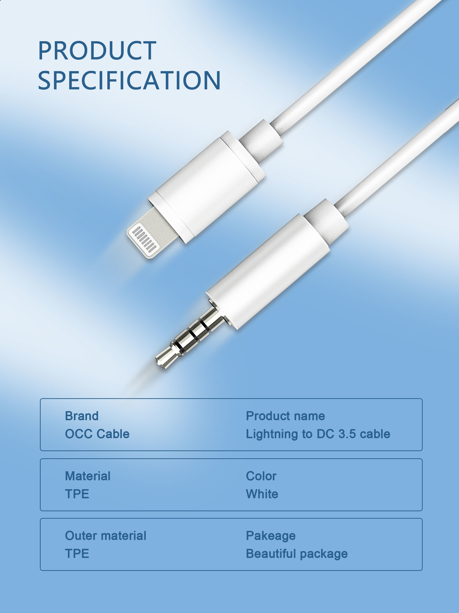 White Iphone 12 Charging Cord , OCC 3.5 Mm To Lightning Audio Cable