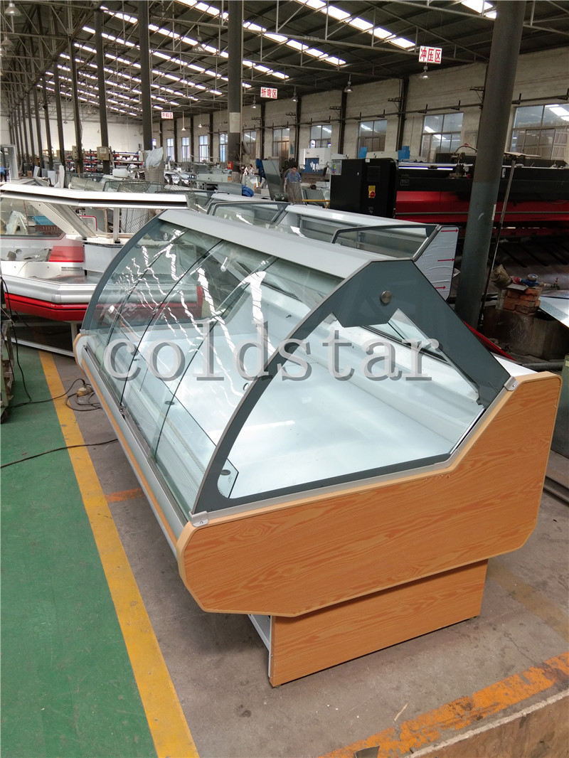 Deli curved display refrigerator showcase 2m to 4m with lifing door/sliding glass door