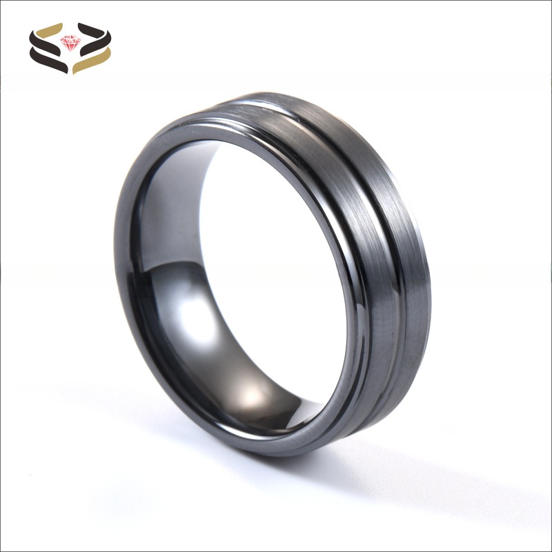 Step Edge Black Ceramic Wedding Band 8mm Brushed Center Grooved For Men Anniversary Gift