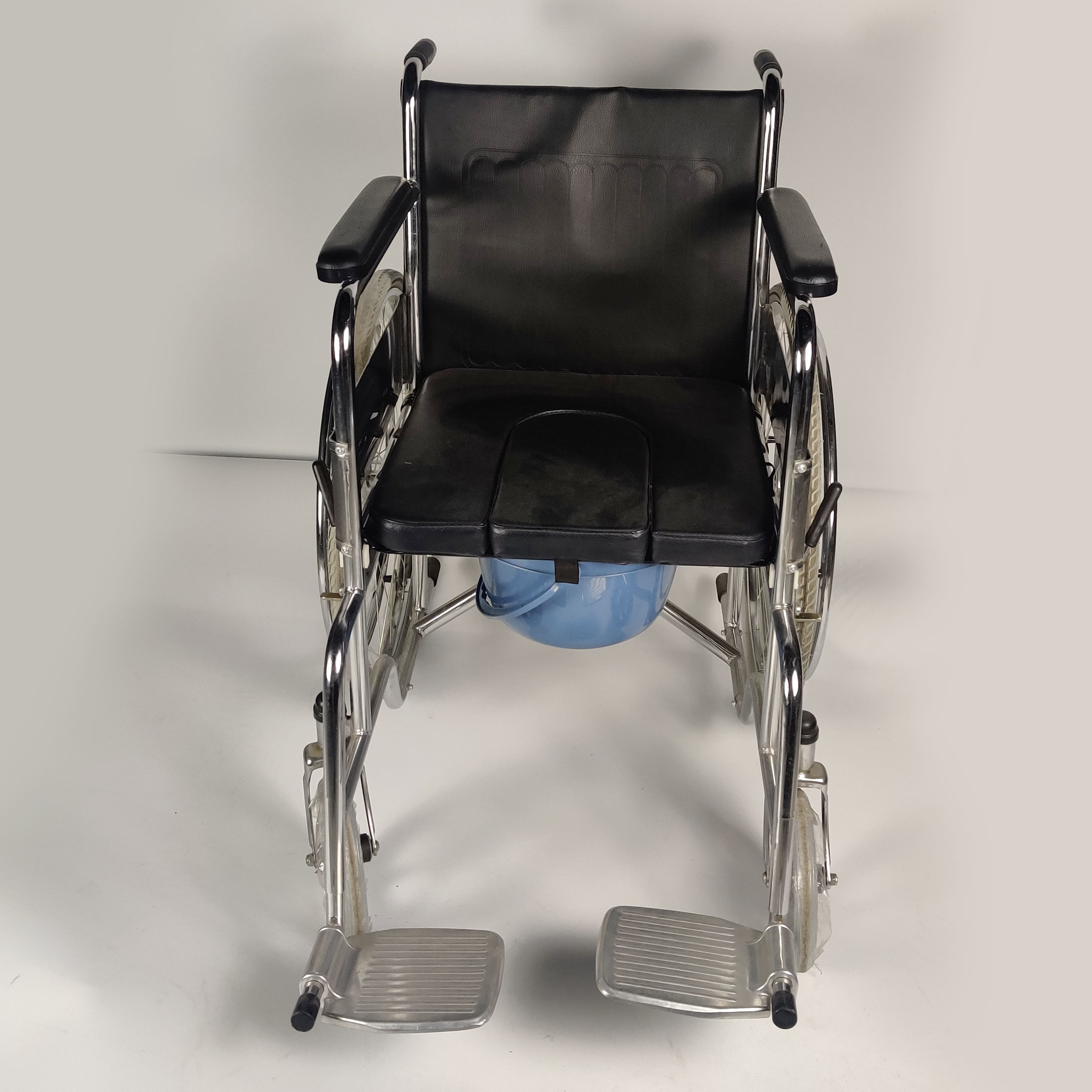 Commode Seat Foldable Steel Wheelchair With Solid Castor And Rear Wheel
