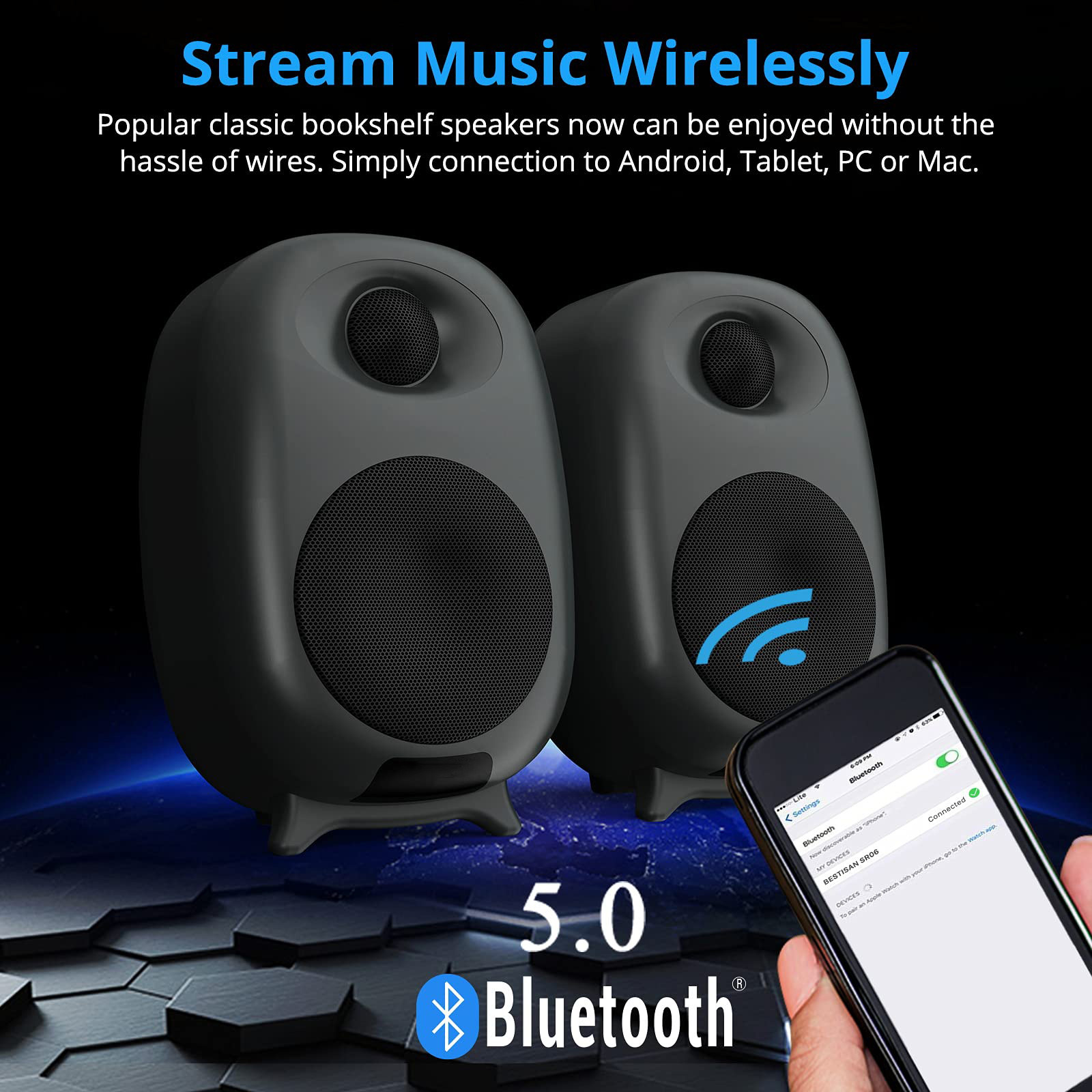 Three Equalizer Mode Powered Wireless Bookshelf Speakers Metal Grey Color For TV