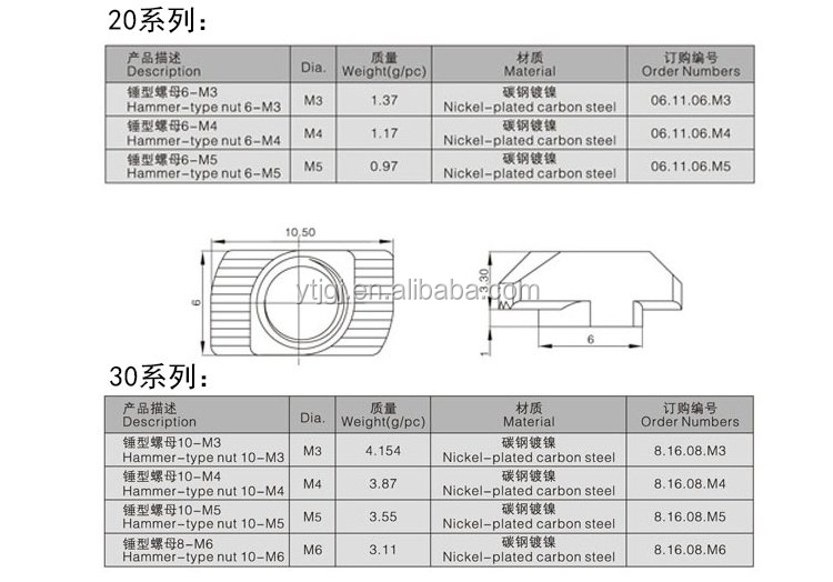 T-Slot Aluminum Profile Slide Nut with Request Measurement System and Tee Sliding Hammer