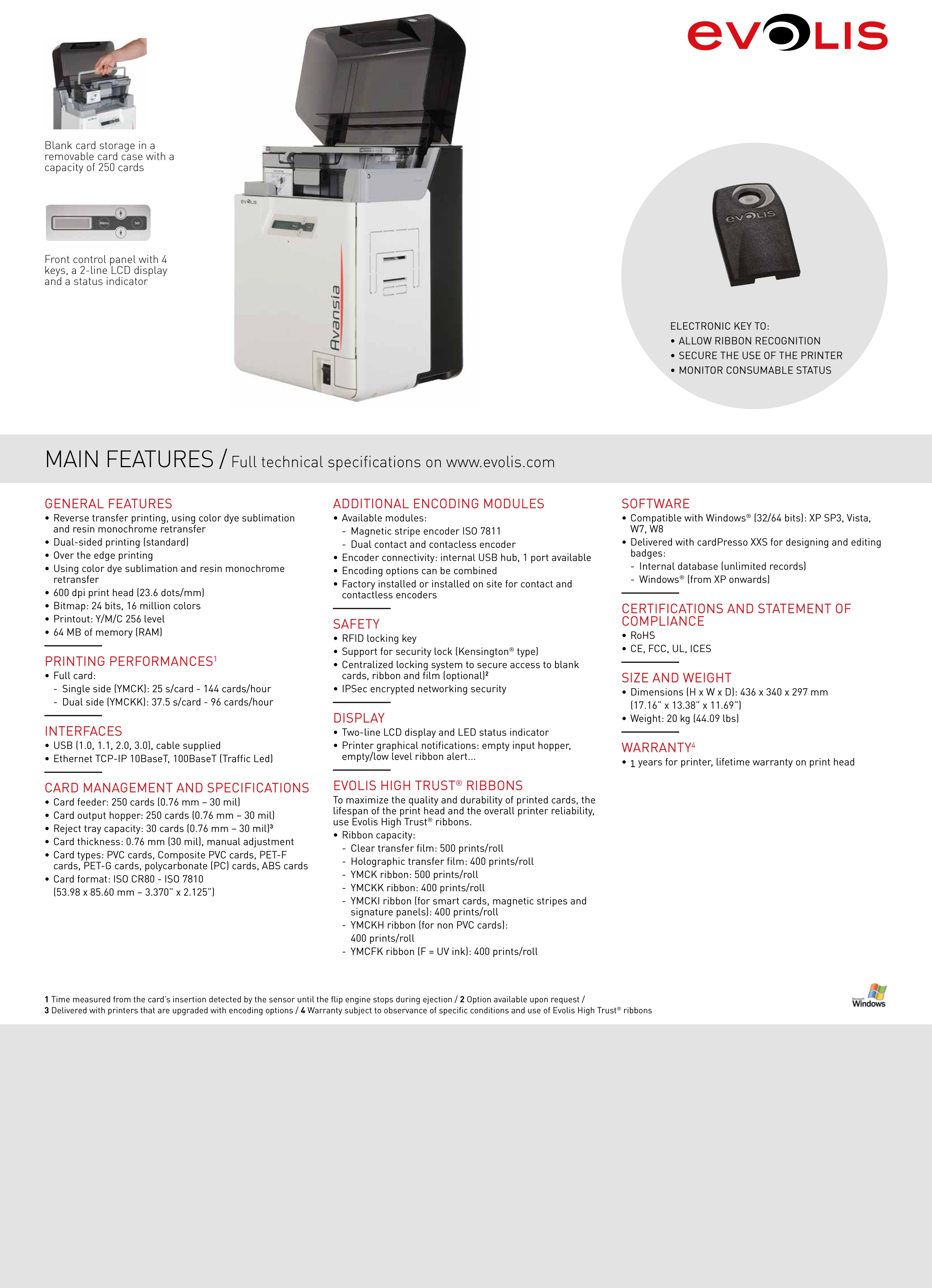 Evolis Avansia Dual-Sided Retransfer ID Printer 600dpi USB Interface 250 Cards Capacity
