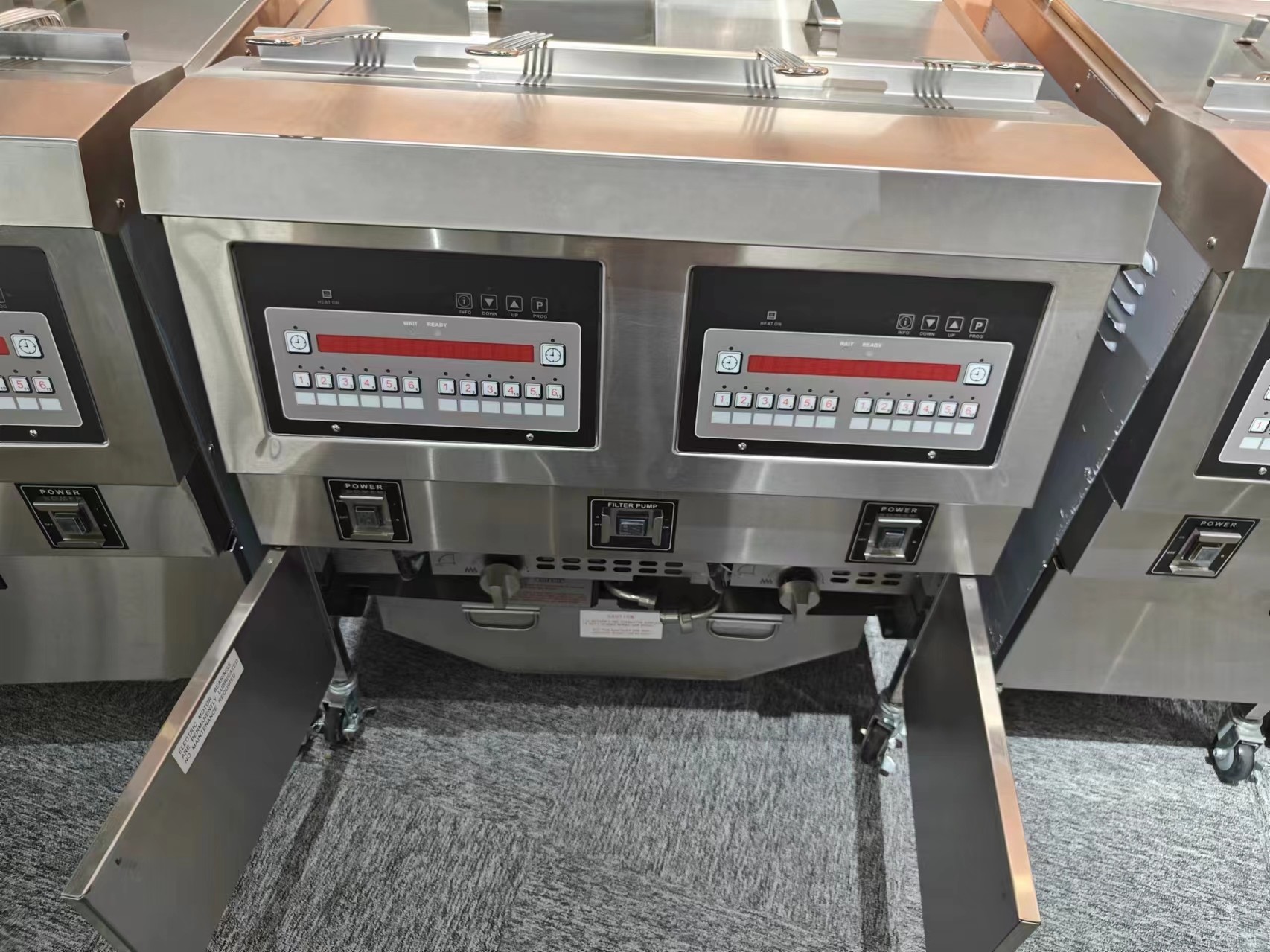 220V Digital Computer Panel Two Pots Four Baskets Open Deep Fryer With Filtration