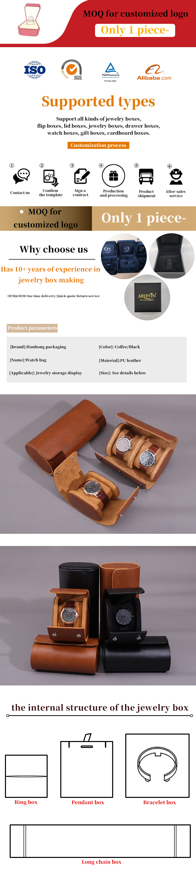 Multiple Cells Noble PU Leather Watch Storage Case Packaging Box with Velvet Lining