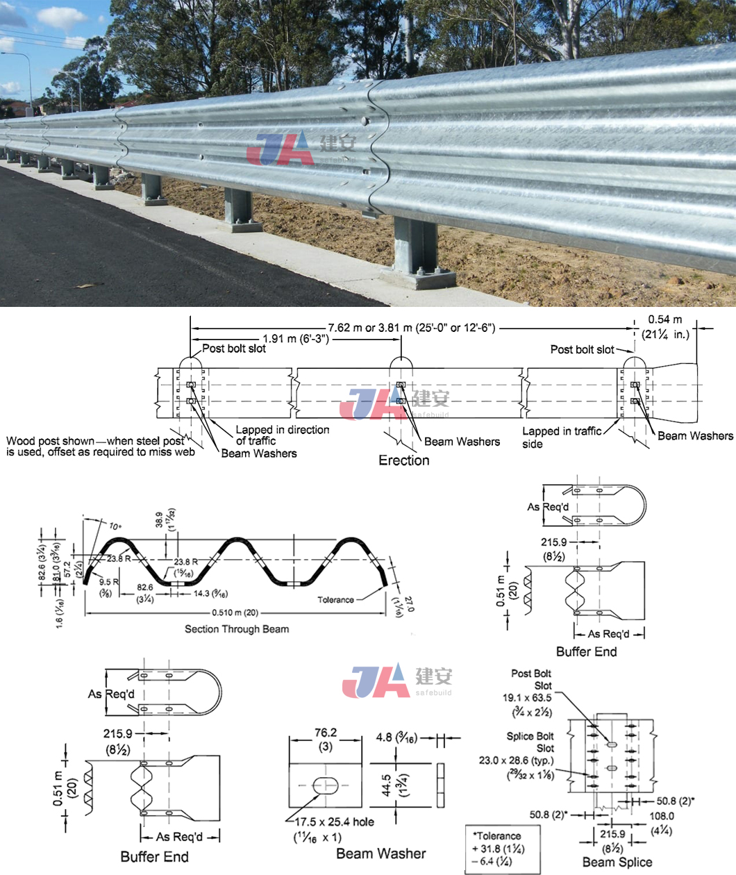 Customized W Beam Highway Metal Guardrail with Steel SKT Terminal End Exported to Philippines