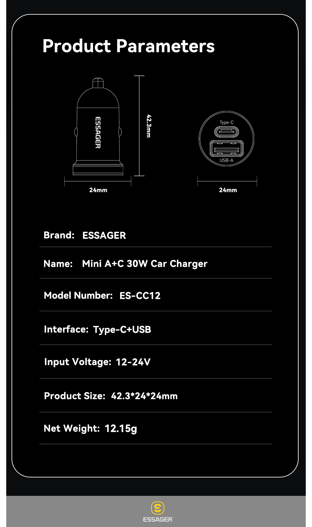 ESSAGER ES-CC12 Series 30W Type C USB A Car Charger Port