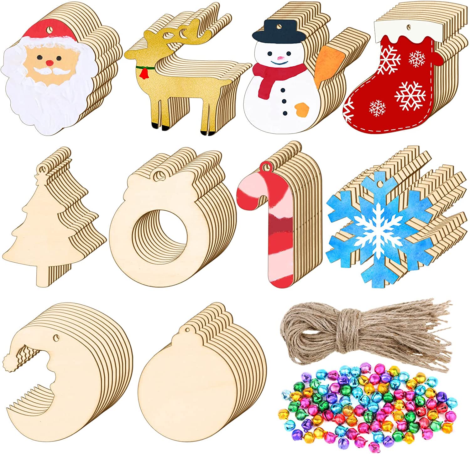 Wooden Christmas Ornaments Set DIY Wood Christmas Hanging Decoration with Ropes