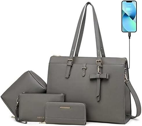 KEYLI 4PC SETS LAPTOP BAG FOR WOMEN LARGE LEATHER LAPTOP BRIEFCASE WITH USB