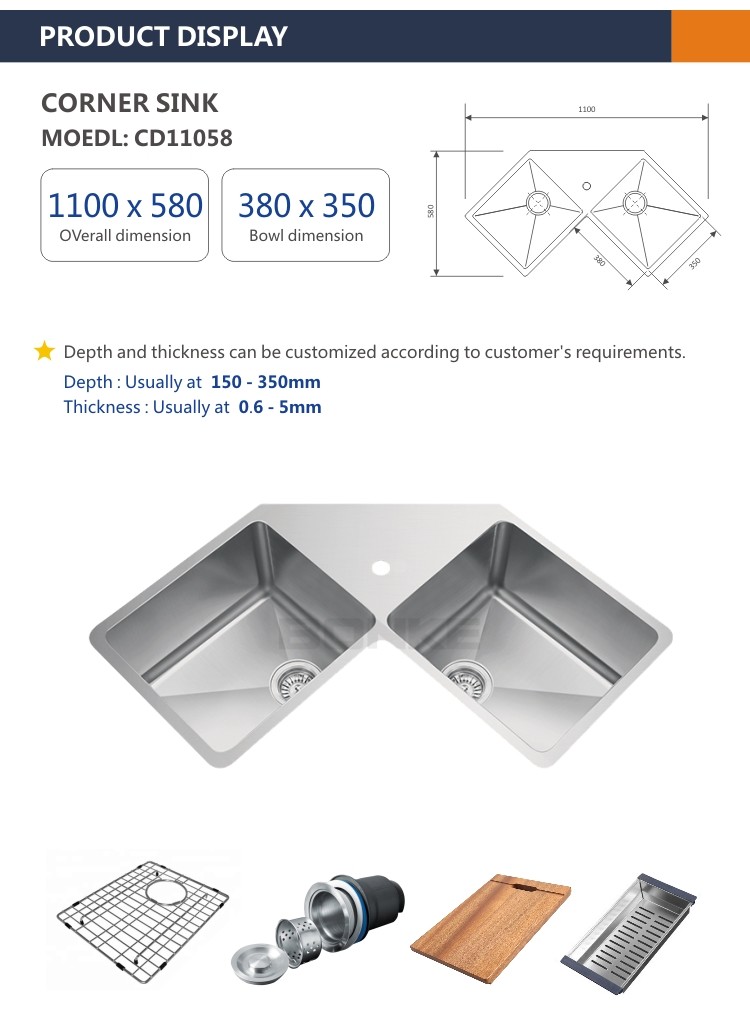 Double Bowl Undermount Corner Kitchen Sinks Stainless Steel 110x58