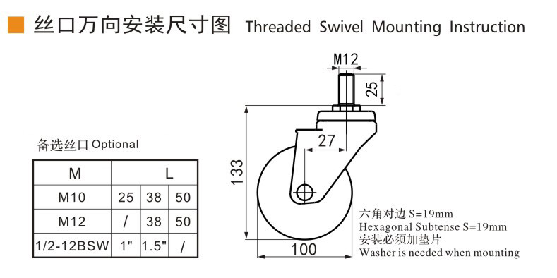 80kg Threaded TPU 4 Inch Swivel Casters 100mm Braked Castors