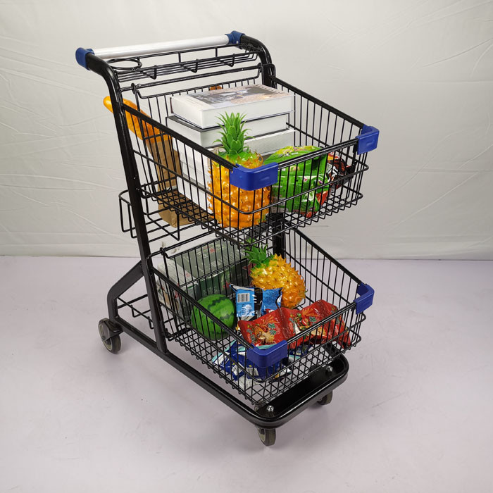 Black Powder Coating Shopping Basket Trolley Two Layer Grocery Store Cart