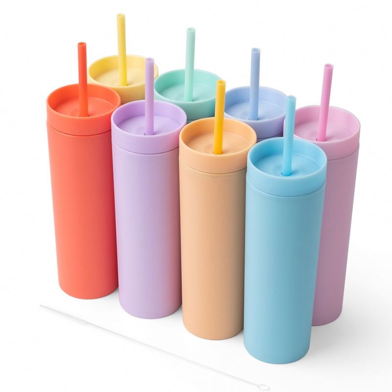 Skinny Double Insulated Plastic Water Bottle Rubber Paint 16oz Plastic Water Bottle Straight Sippy Cup With Splash Proof Lids Easy To Clean