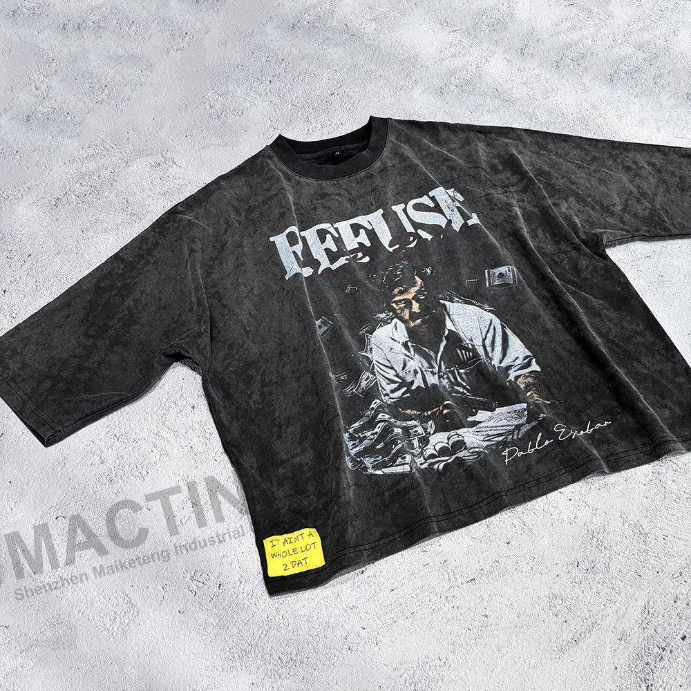 Vintage Acid Wash Boxy Cropped Printed T Shirt for Men's Custom Streetwear in Black Color