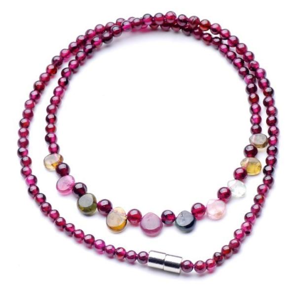 Pure natural garnet round bead + natural tourmaline necklace The rain princess