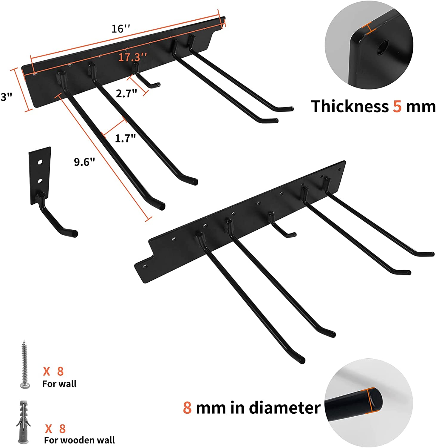 Wall Mount Garden Tool Organizer With Single Tier Heavy Duty Solid Steel Tool Hangers