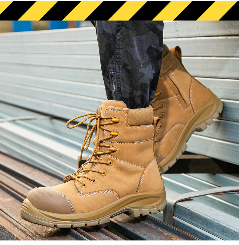 Wheat Cowhide Rubber Sole Glass Fiber Toe Security Guard Work Boots Anti Smashing Kevlar Anti-Proof Work Shoes