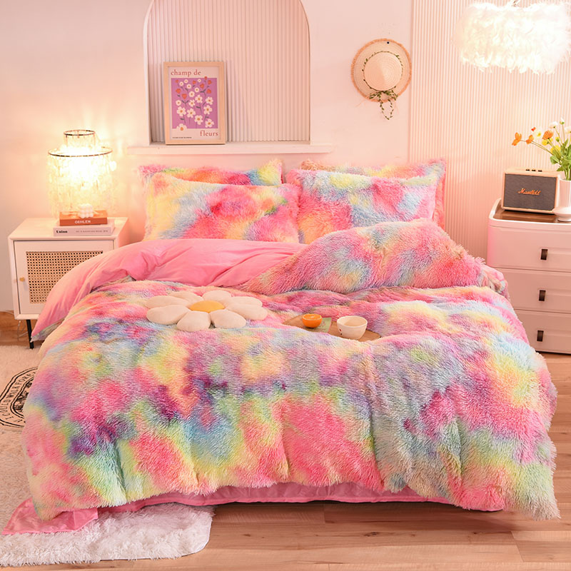4 Pieces Solid Color All-Season Faux Fur Velvet Fluffy Plush Soft Bedding Set for Girls