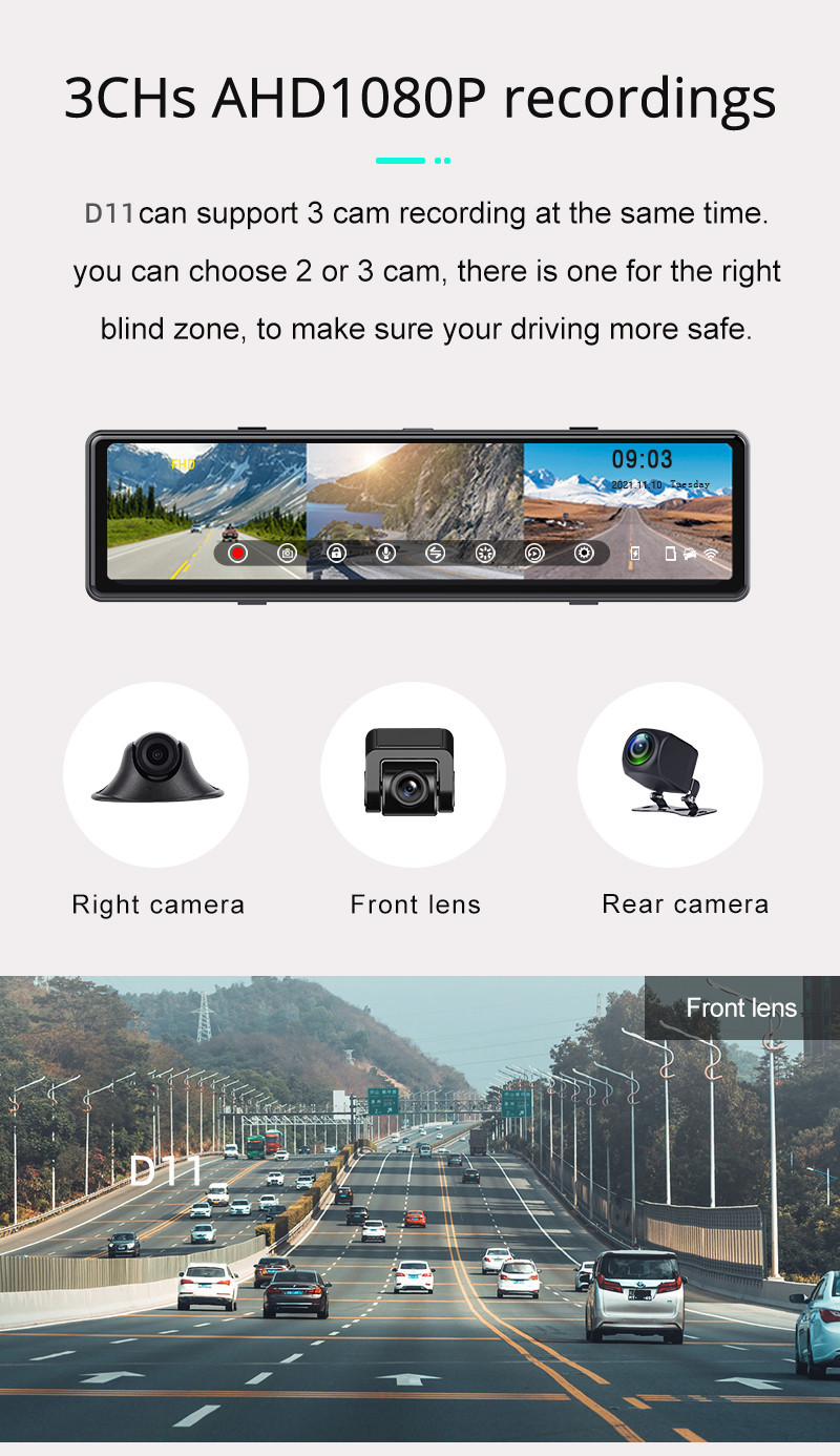 AHD1080P Android Wireless Carplay Rear View Mirror DVR WIFI GPS 3 Cams