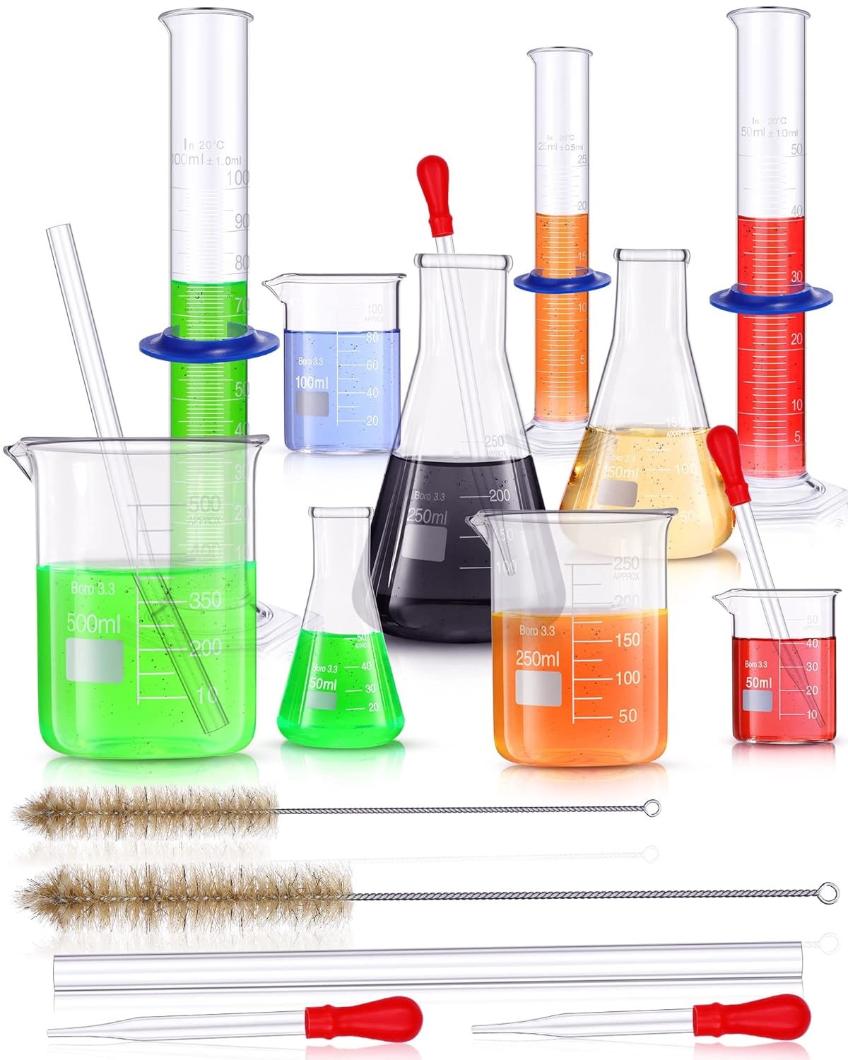Lab Glassware Set Beaker Flask Cylinder Set Includes Erlenmeyer Flasks, Glass Beakers, Graduated Measuring Cylinders