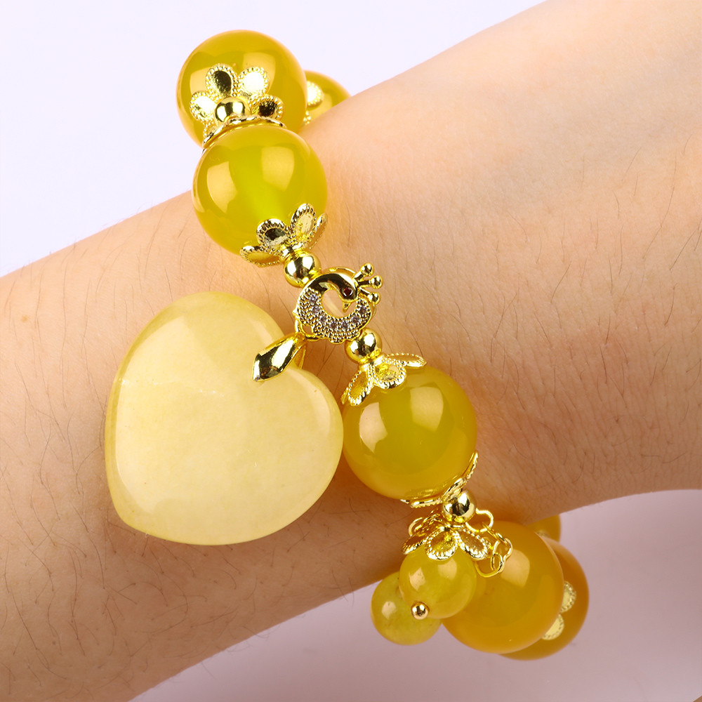 14MM Natural Energy Yellow Chalcedony With Yellow Jade Heart Carving Lucky Crystal Bead Bracelet