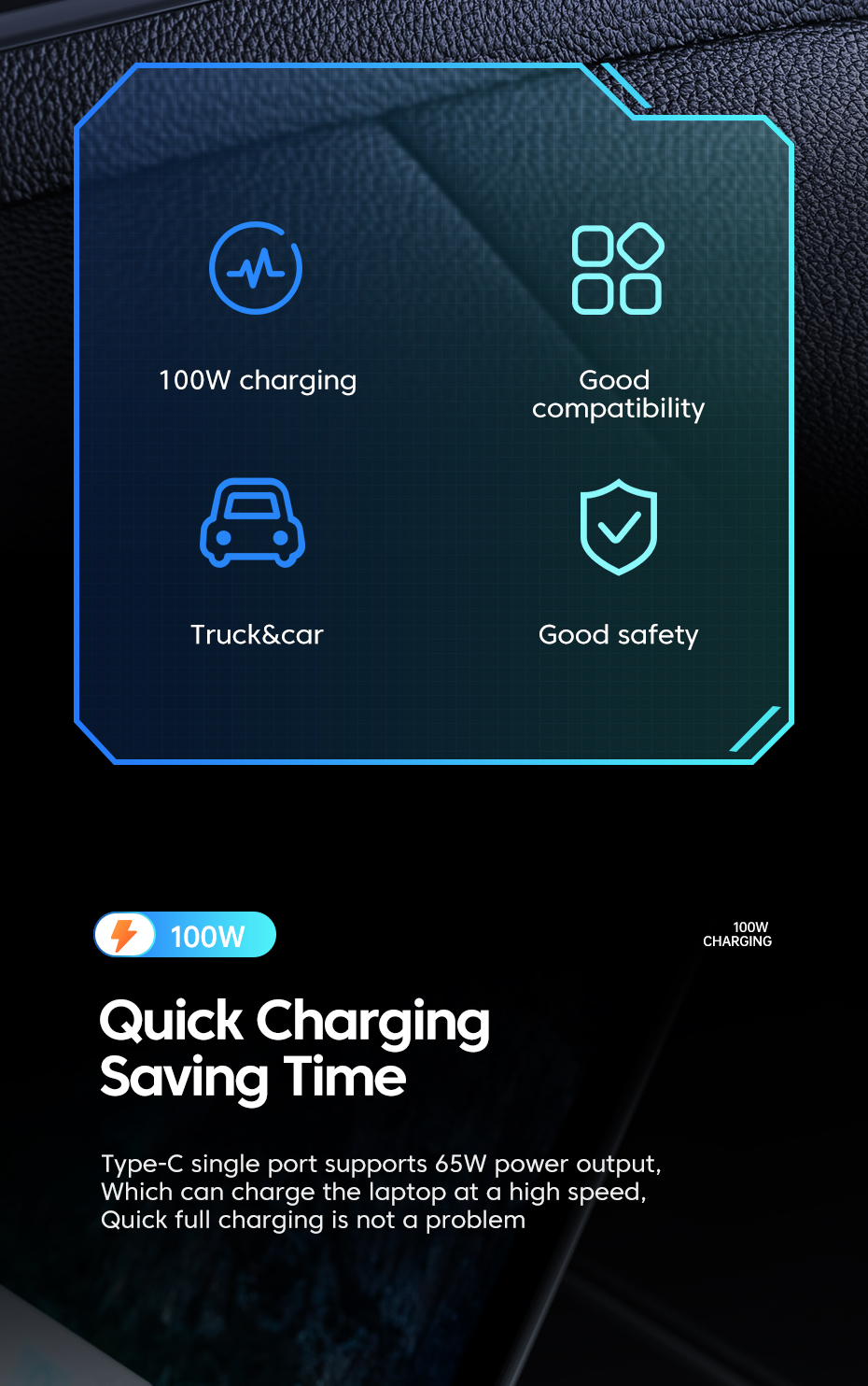A+C Car Charger Black PD65W Type C And 35W USB-A Dual Port 100W Car Charger