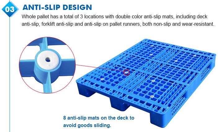 100% Virgin HDPE wear-resistant anti-slip stackable plastic pallet, China Manufacturer accept custom standard stacking p