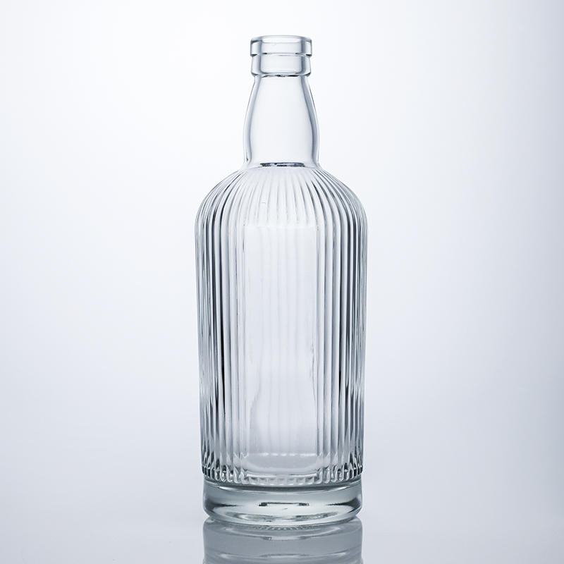 750ml Round Shape Glass Bottle with Stripe and Cork for Rum Vodka Whisky Tequila Gin