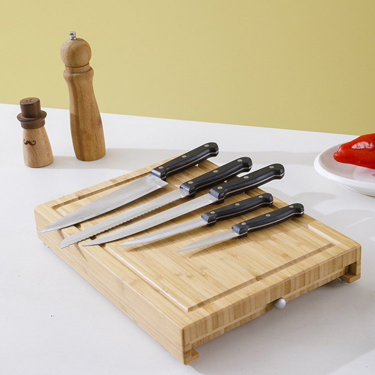 Natural Bamboo Kitchen Chopping Block with 1 Drawer and 5 pcs Knives Juice Groove Included