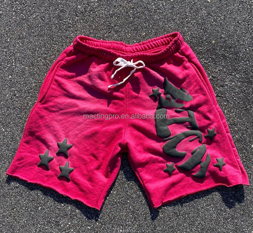 Men's Sun Faded Acid Wash Streetwear Shorts with Raw Hem and Rhinestone Puff Print