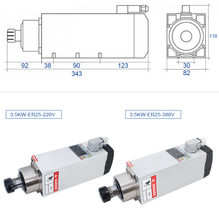 Lightweight 3.5kw Square Air Cooled CNC Spindle Motor for Wood Cutting Machine Weight KG 8