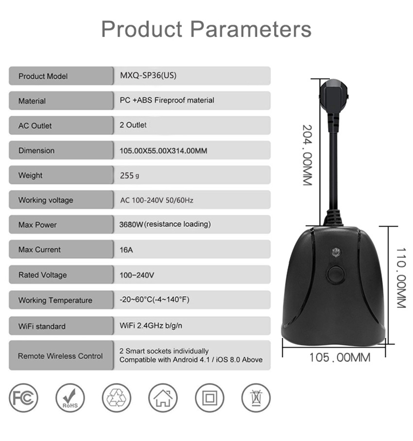 Remote Control WIFI Smart Plug Waterproof Wi-Fi Outlet Switch For Alexa / Google Assistant