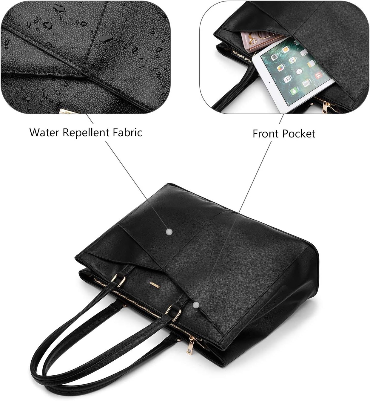 LAPTOP TOTE BAG FOR WOMEN 15.6 INCH WATERPROOF LEATHER COMPUTER BAGS BUSINESS OFFICE WORK BRIEFCASE BLACK
