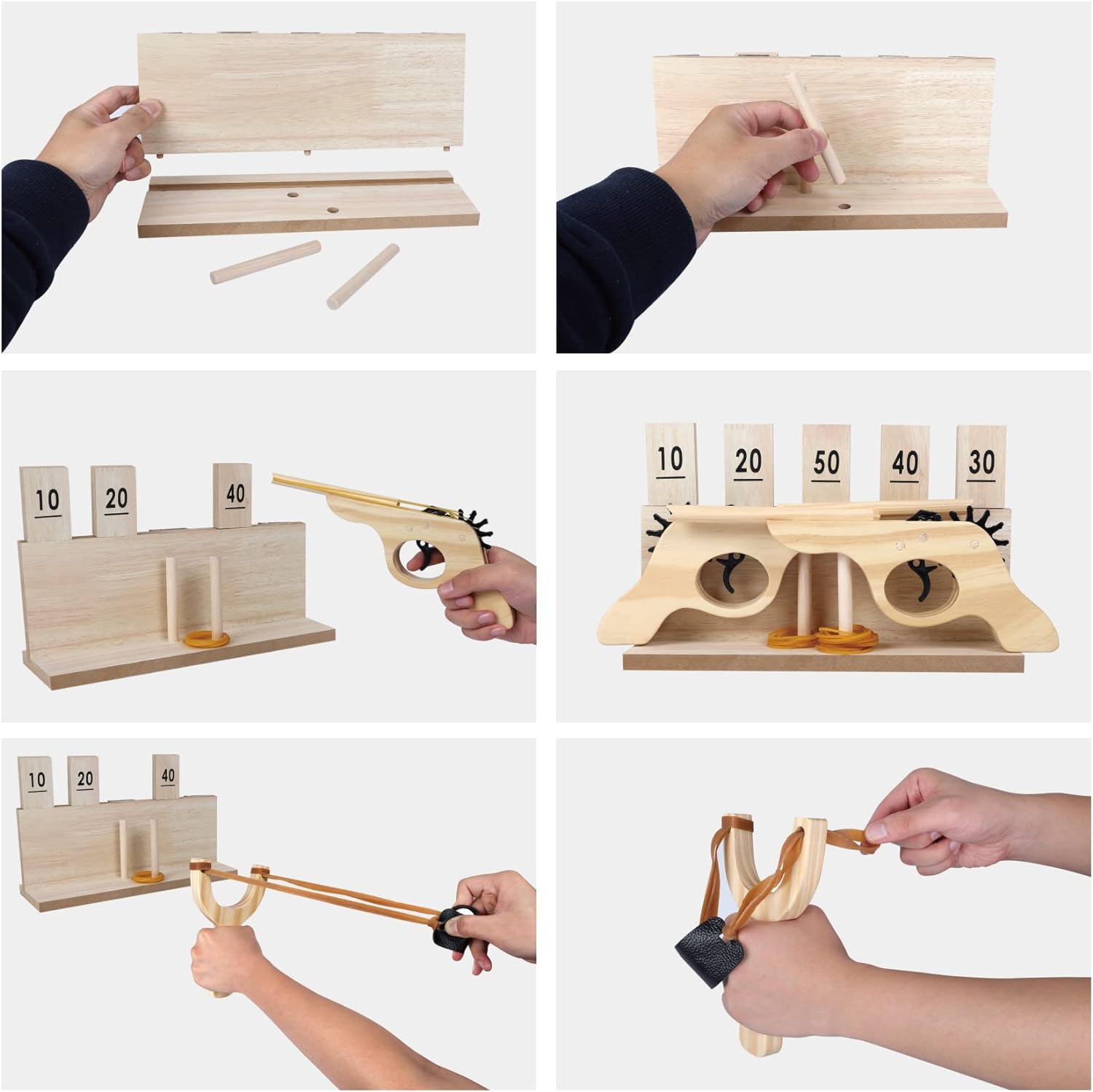 Customized Wooden Multi-Shot Rubber Band Pistol Wooden Slingshots Toy Wooden Number Target Stand