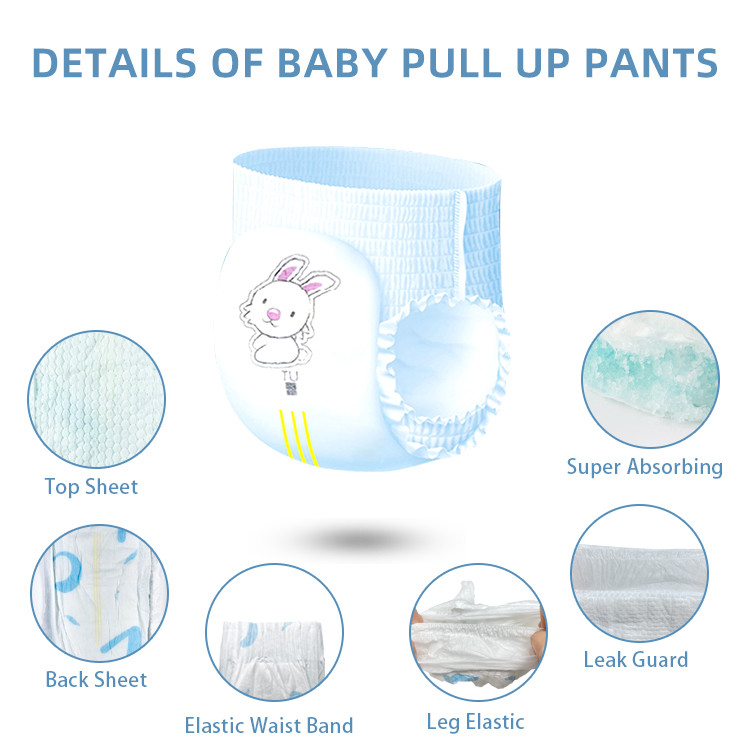 ISO9001 Pull Up Baby Diaper Pant Magic Tape A Grade 360° Elastic Surround Waist
