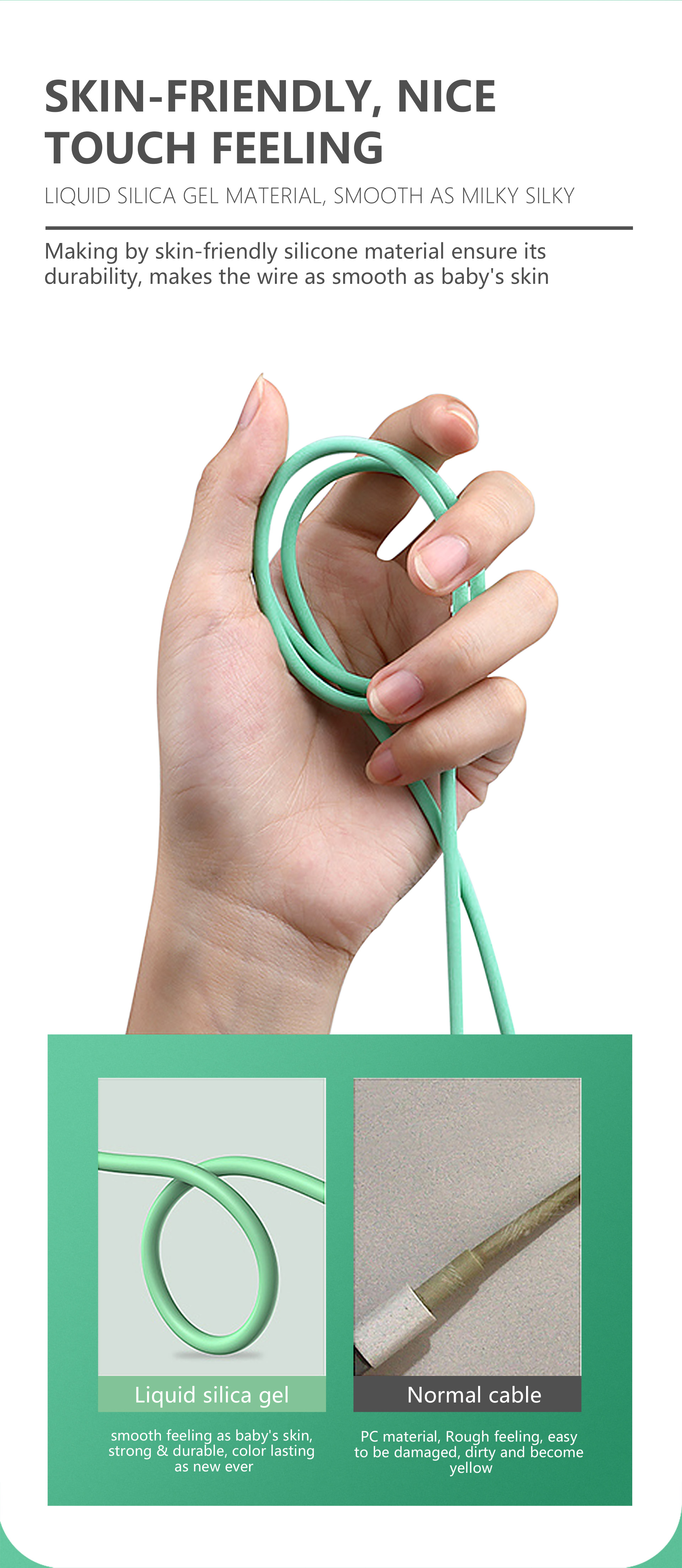 Soft Liquid Silicone Usb A To Usb C Cable , 5V 3A 3ft Green Usb Cable